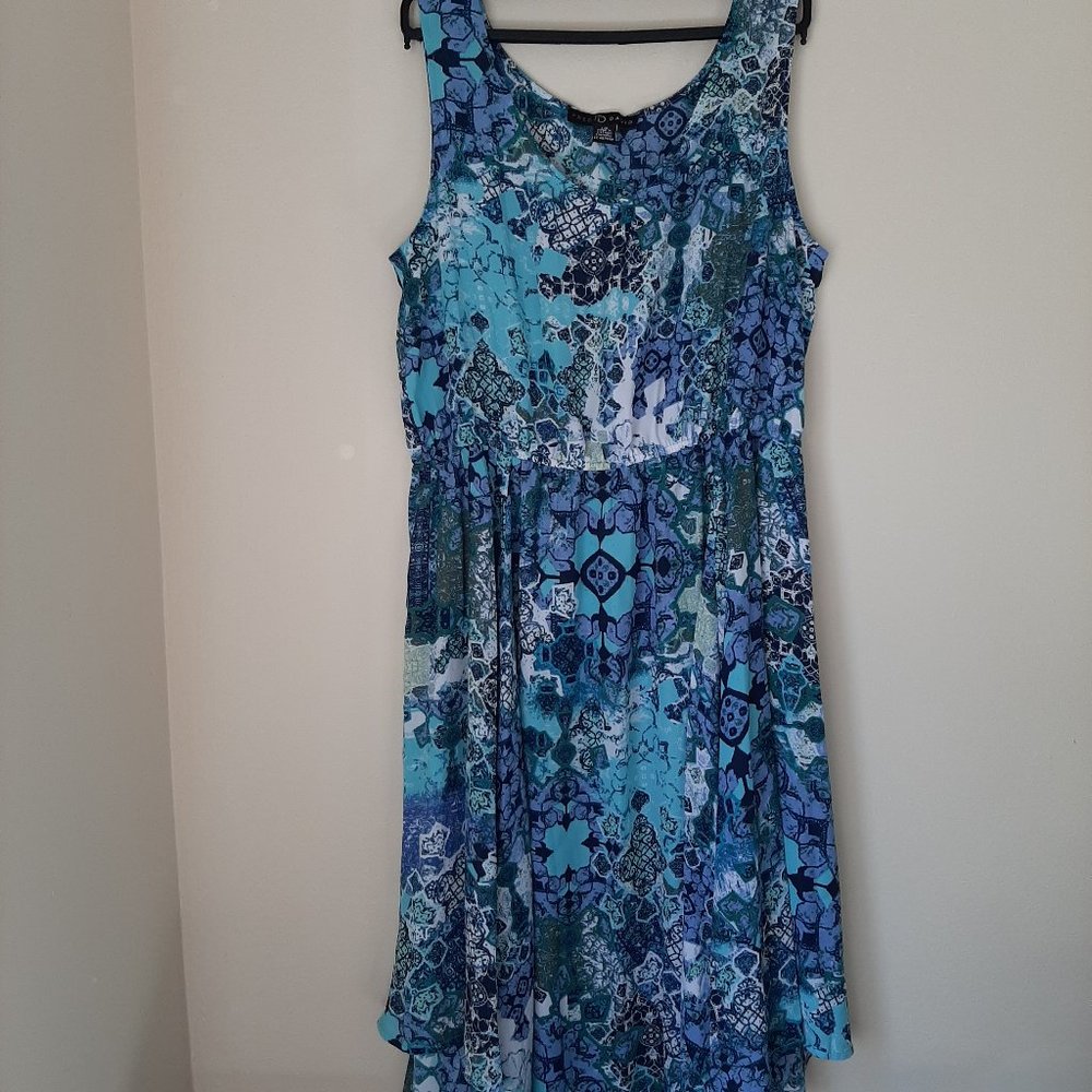 Fred David Blue & White Abstract Print Round Neck Sleeveless Dress Size L
